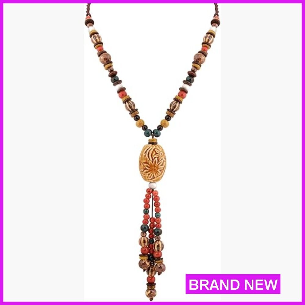 Boho Ceramic Bead Pendant Y Necklace Adjustable Cord Bohemian Jewelry